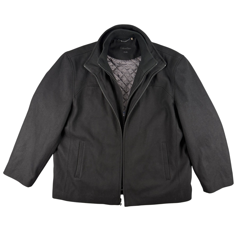 Calvin Klein Jacket Mens XL Black Wool Blend Quilted Lined Double Zip Bomber